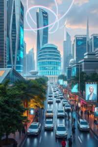 Futuristic City with Advanced Technology Hub – free AI stock image