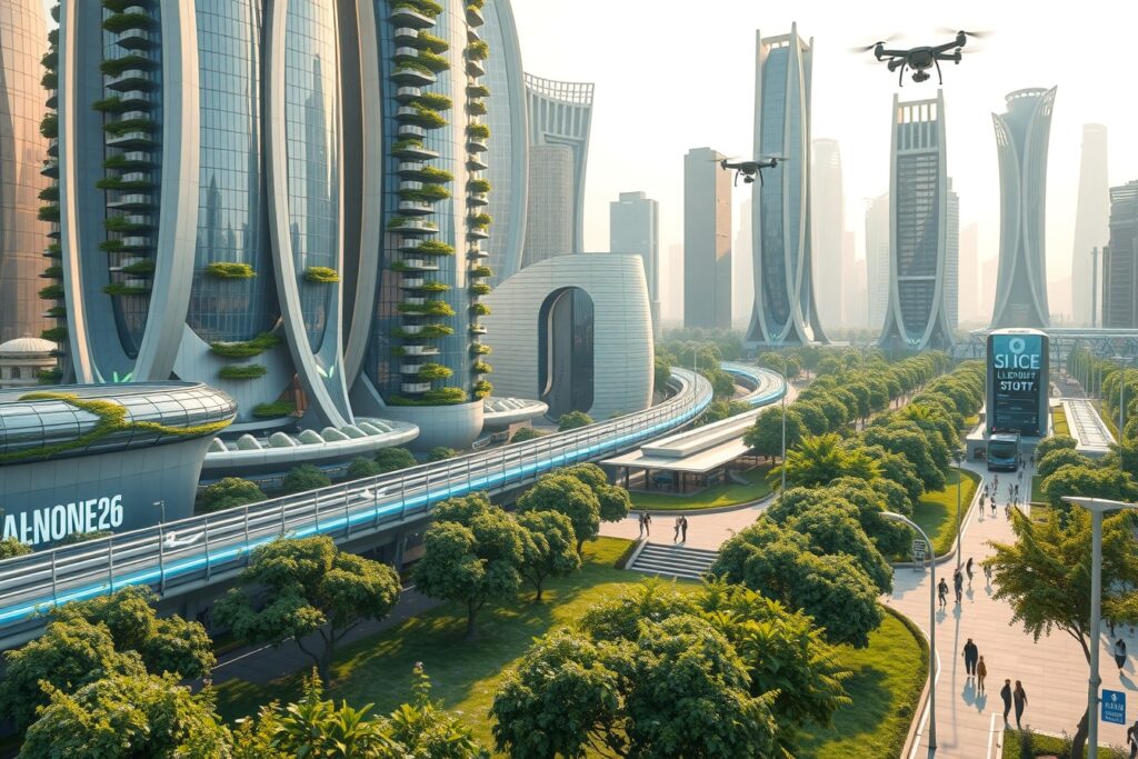 Futuristic City with Embedded Technology – free AI stock image