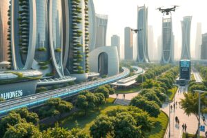 Futuristic City with Embedded Technology – free AI stock image