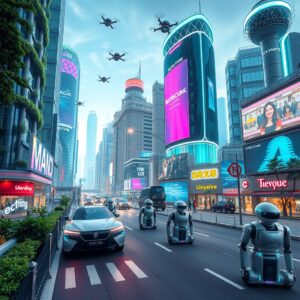 Futuristic City with Flying Cars and Robots – free AI stock image
