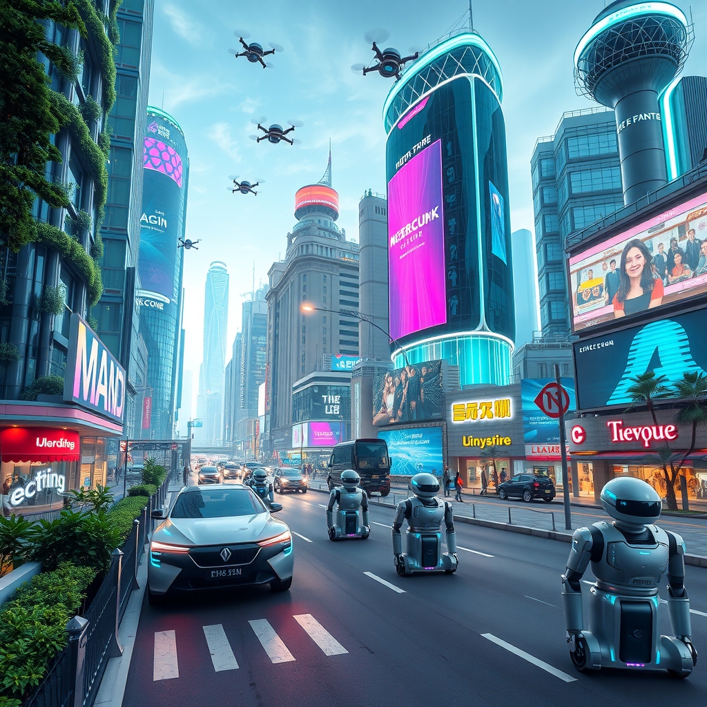 Futuristic City with Flying Cars and Robots – free AI stock image