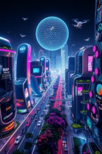 Futuristic City with Glowing Technology – free AI stock image