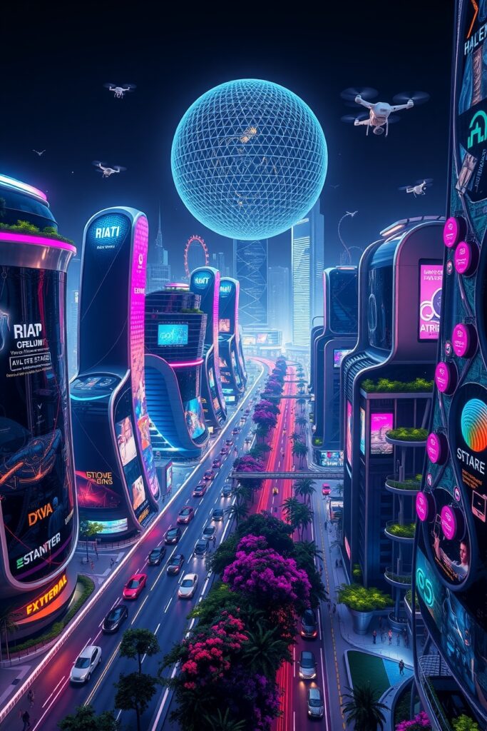 Futuristic City with Glowing Technology – free AI stock image