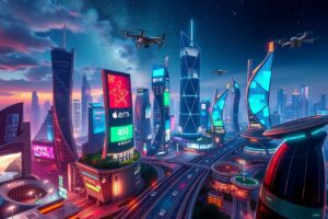 Futuristic City with Hovering Drones – free AI stock image