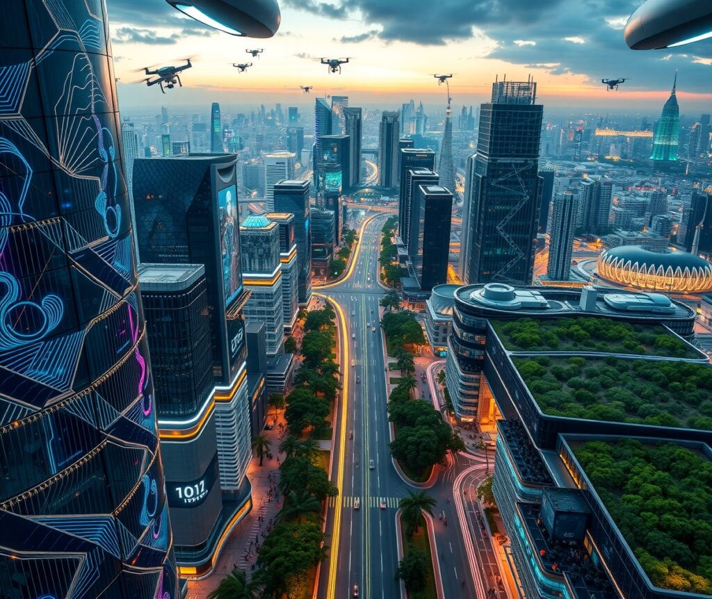 Futuristic City with Interconnected Technology – free AI stock image