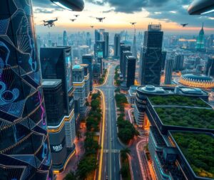 Futuristic City with Interconnected Technology – free AI stock image
