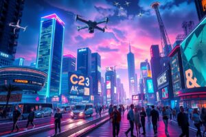 Futuristic City with Neon Technology Lights – free AI stock image