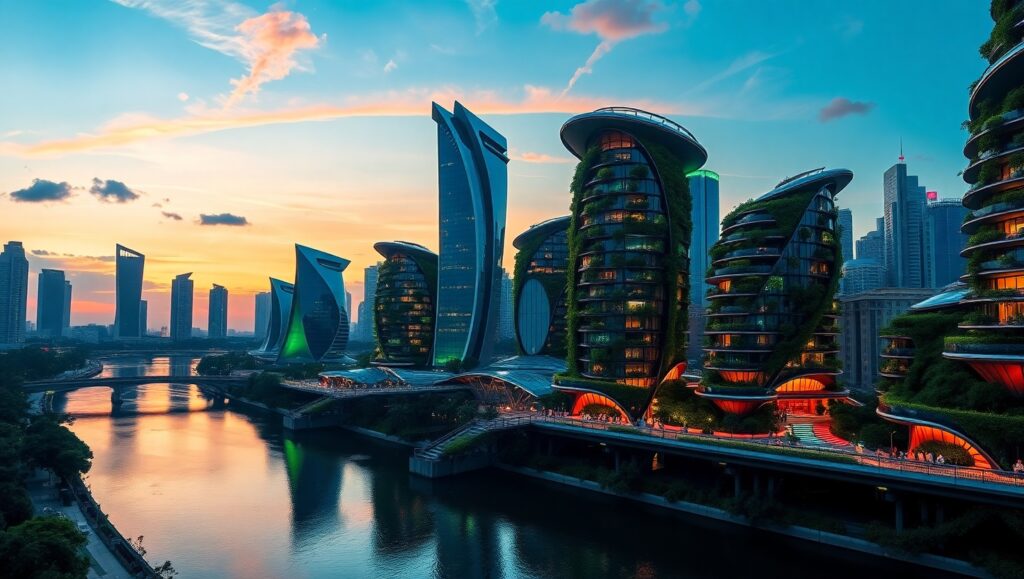 Futuristic Cityscape at Dusk – free AI stock image