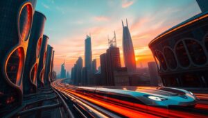 Futuristic Cityscape at Dusk 2uJ – free AI stock image