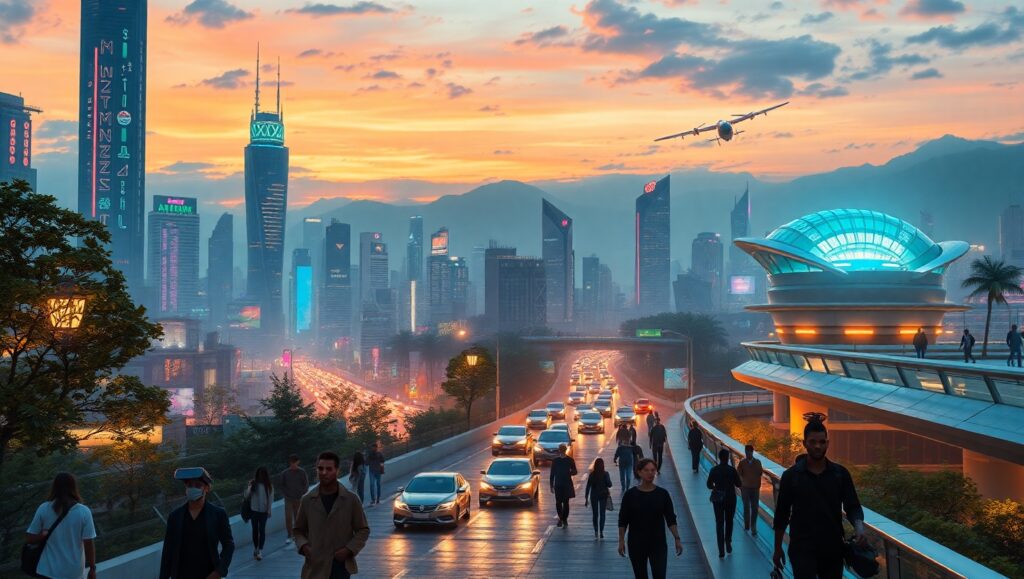 Futuristic Cityscape at Dusk 4fr – free AI stock image