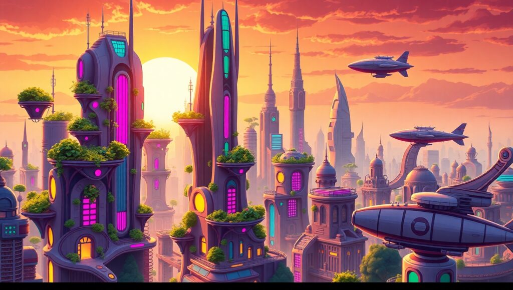 Futuristic Cityscape at Sunset – free AI stock image