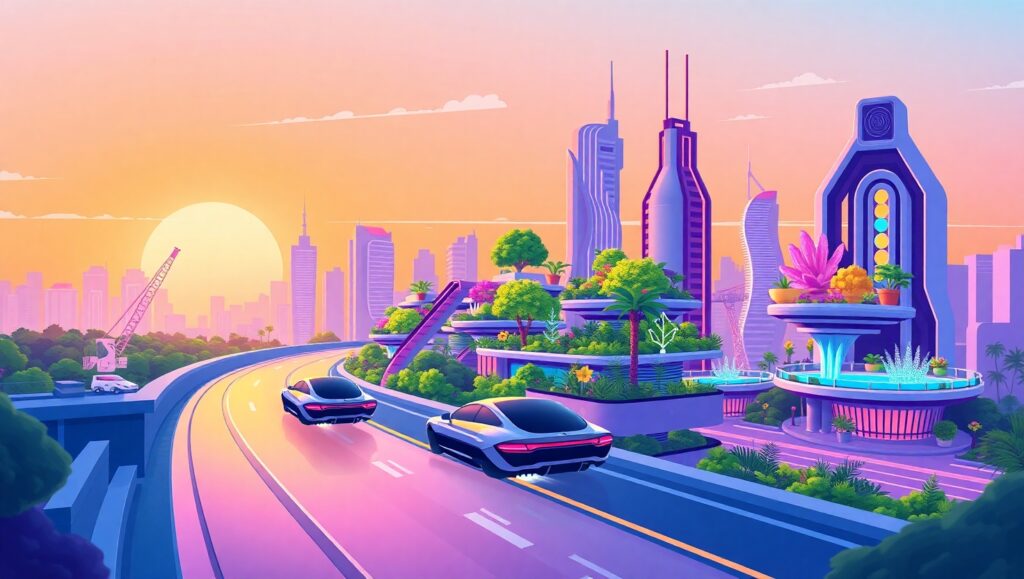 Futuristic Cityscape at Sunset – free AI stock image