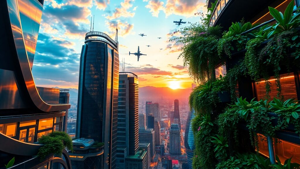 Futuristic Cityscape at Sunset – free AI stock image