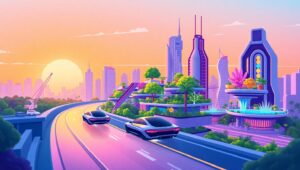 Futuristic Cityscape at Sunset – free AI stock image