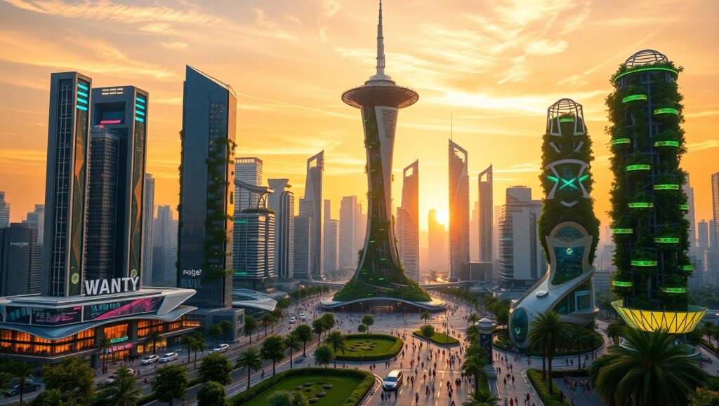 Futuristic Cityscape at Sunset – free AI stock image