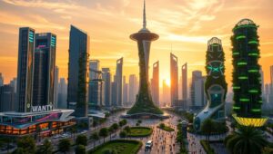 Futuristic Cityscape at Sunset – free AI stock image