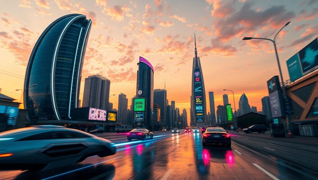 Futuristic Cityscape at Sunset – free AI stock image