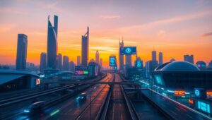 Futuristic Cityscape at Sunset – free AI stock image