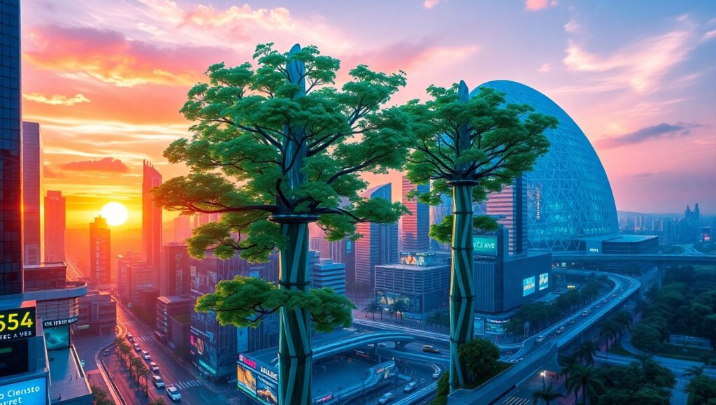 Futuristic Cityscape at Sunset – free AI stock image