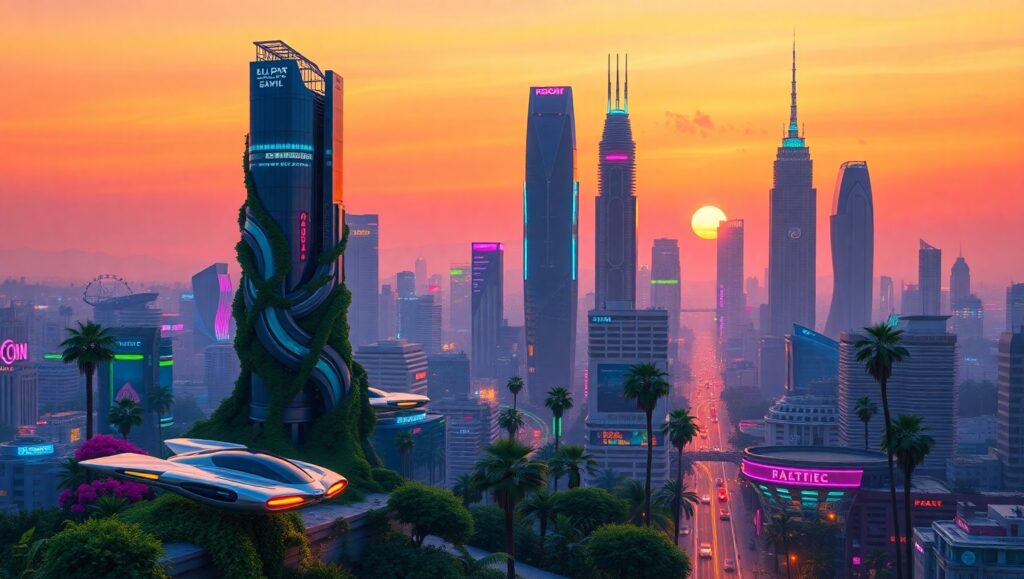 Futuristic Cityscape at Sunset – free AI stock image