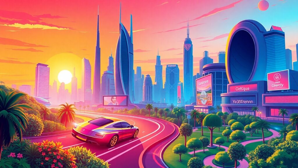 Futuristic Cityscape at Sunset – free AI stock image
