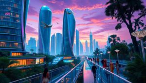 Futuristic Cityscape at Twilight – free AI stock image