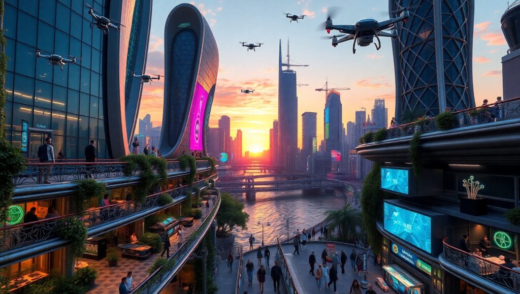 Futuristic Cityscape at Twilight – free AI stock image