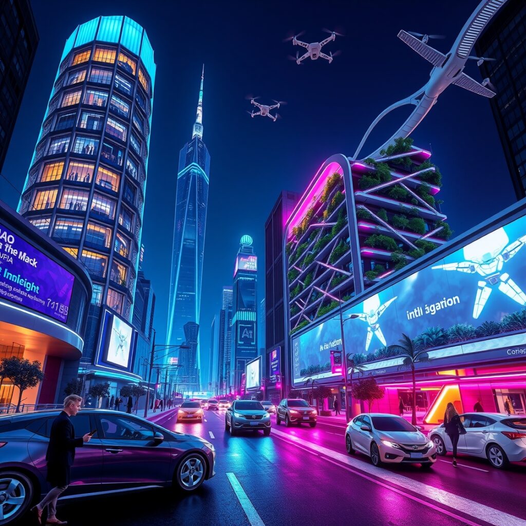 A Futuristic Cityscape Illuminated by Technology – free AI stock image