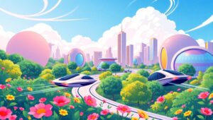 Futuristic Cityscape in Flat Design – free AI stock image