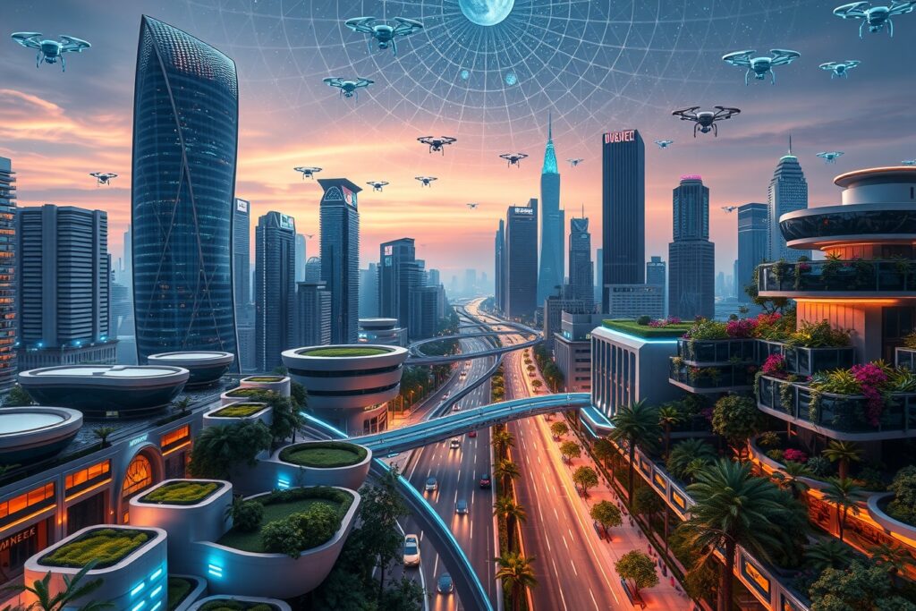 Futuristic Cityscape Interfaced with Technology – free AI stock image