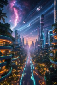 Futuristic Cityscape Under Starry Skies – free AI stock image