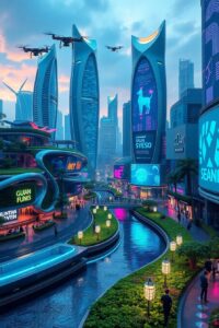 Futuristic Cityscape with Advanced Tech Elements – free AI stock image