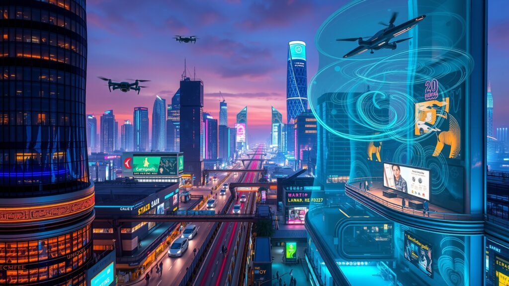 Futuristic Cityscape with Advanced Technology and Neon Lights Image – free AI stock image