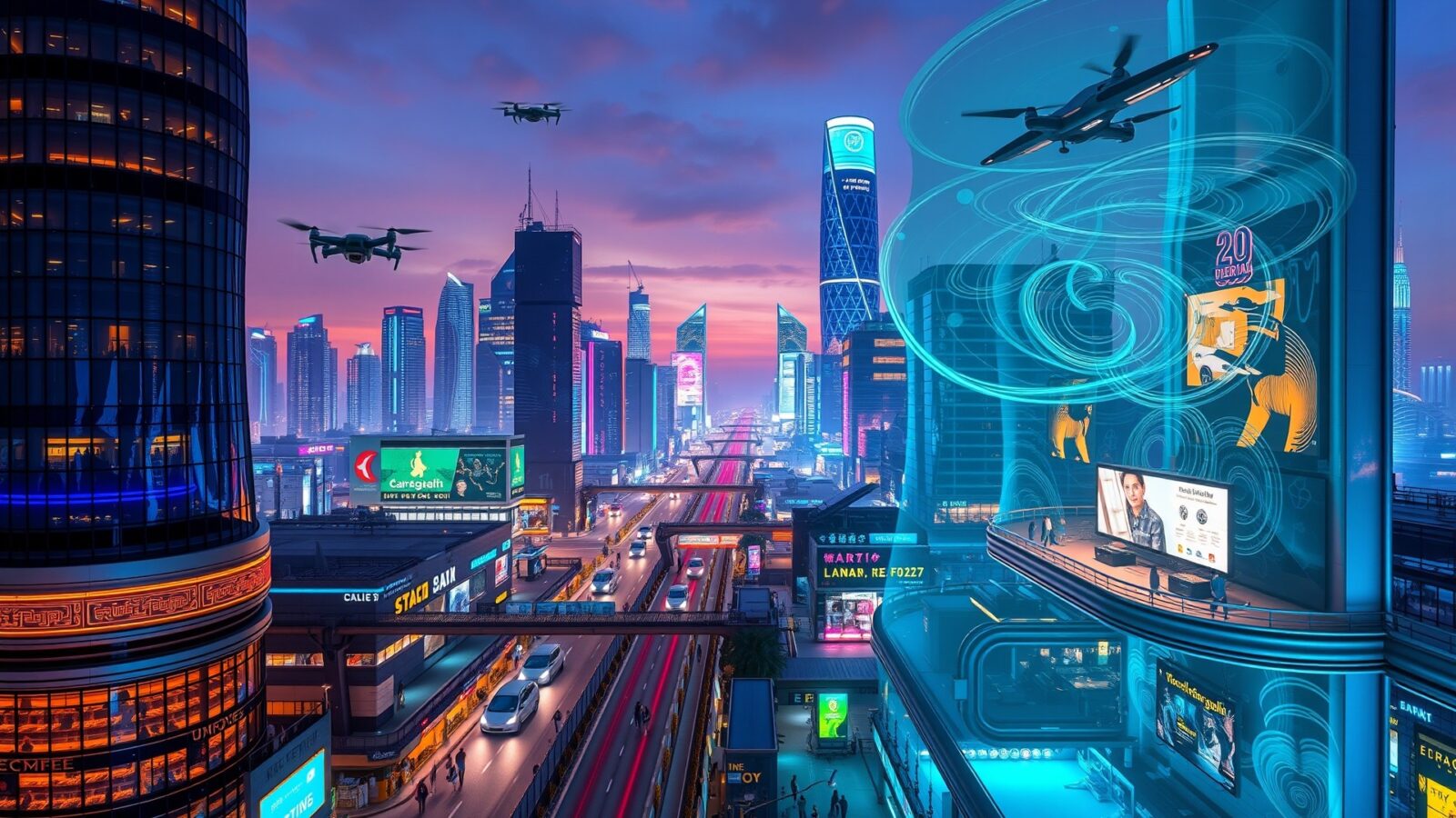 futuristic cityscape with advanced technology and neon lights