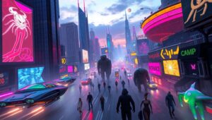 Futuristic Cityscape with Alien Life – free AI stock image