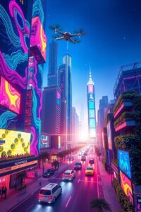 Futuristic Cityscape with Digital Elements – free AI stock image