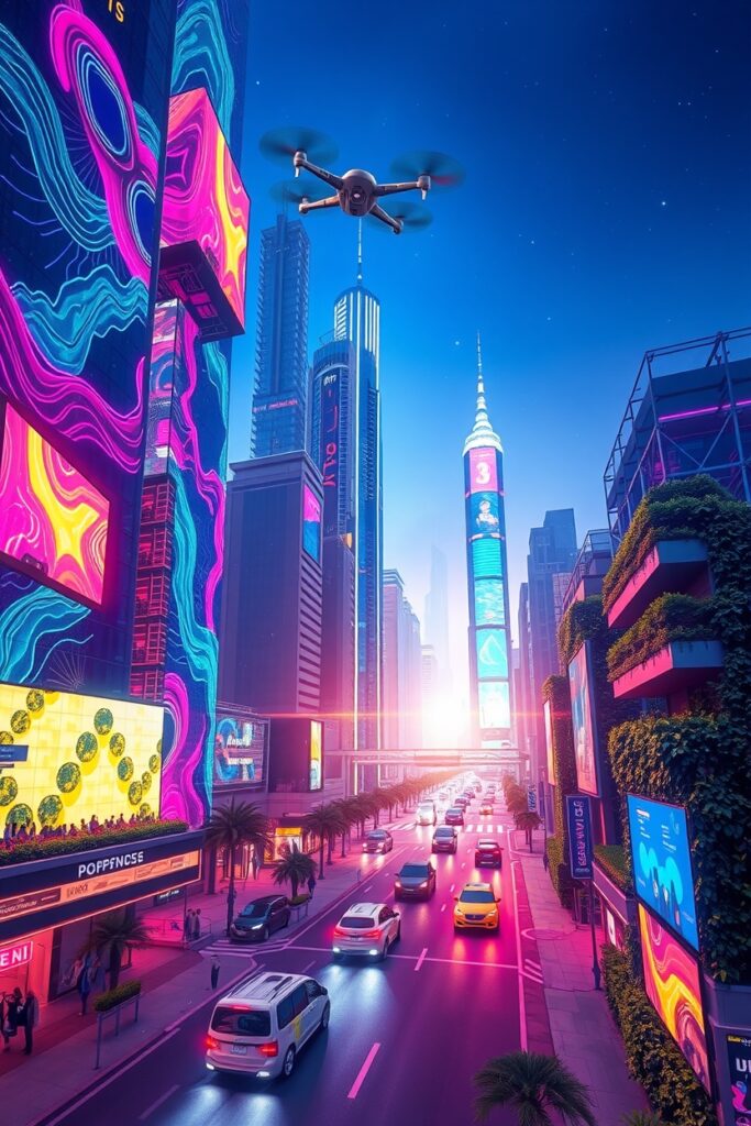 Futuristic Cityscape with Digital Elements – free AI stock image