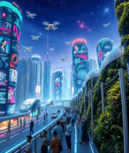 Futuristic Cityscape with Digital Elements – free AI stock image
