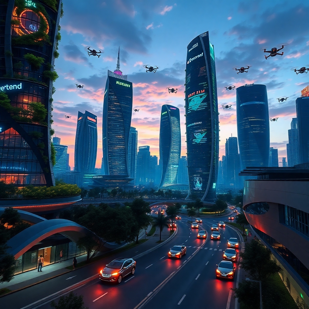 Futuristic Cityscape with Digital Innovations – free AI stock image