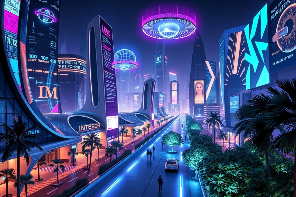 Futuristic Cityscape with Digital Interfaces – free AI stock image