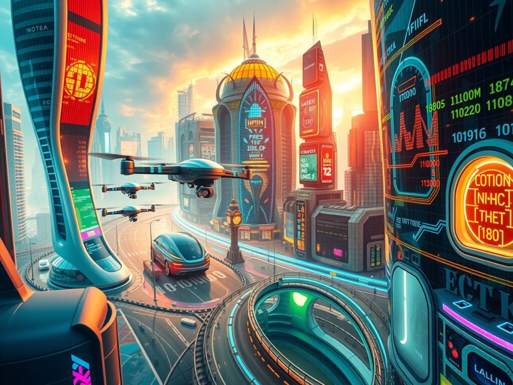 Futuristic Cityscape with Digital Interfaces – free AI stock image