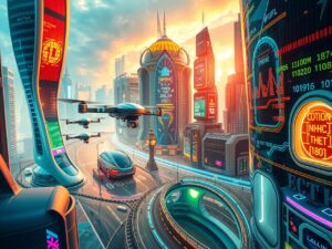 Futuristic Cityscape with Digital Interfaces – free AI stock image
