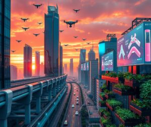 Futuristic Cityscape with Floating Technology – free AI stock image