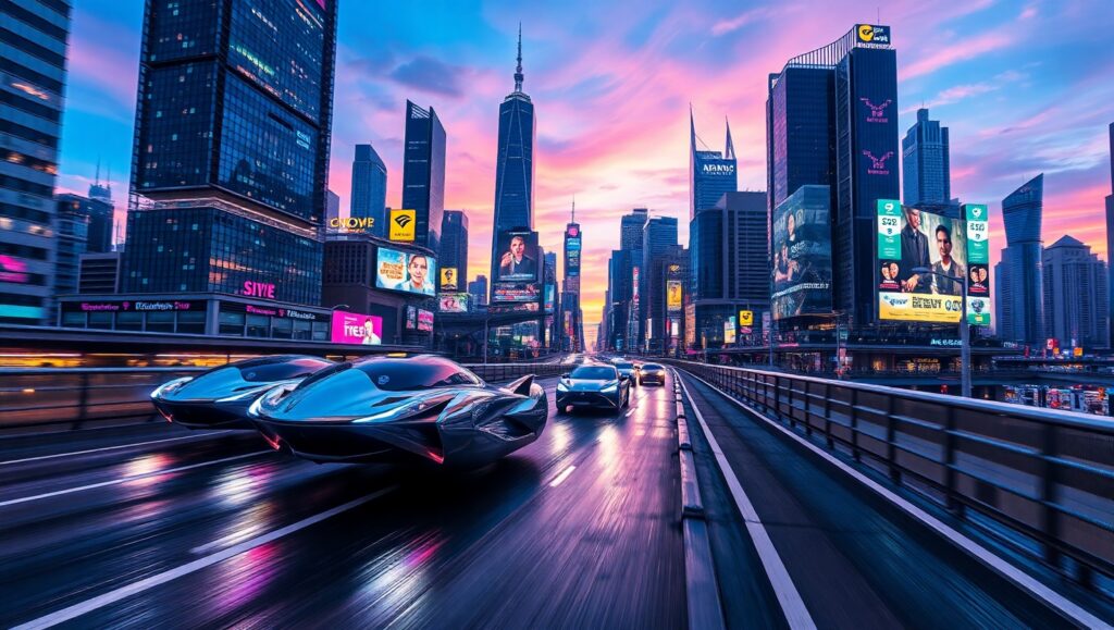 Futuristic Cityscape with Flying Cars – free AI stock image