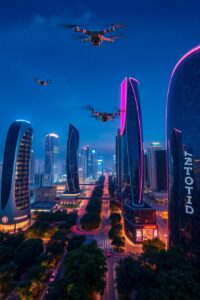 Futuristic Cityscape with Flying Drones – free AI stock image