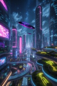 Futuristic Cityscape with Flying Vehicles – free AI stock image