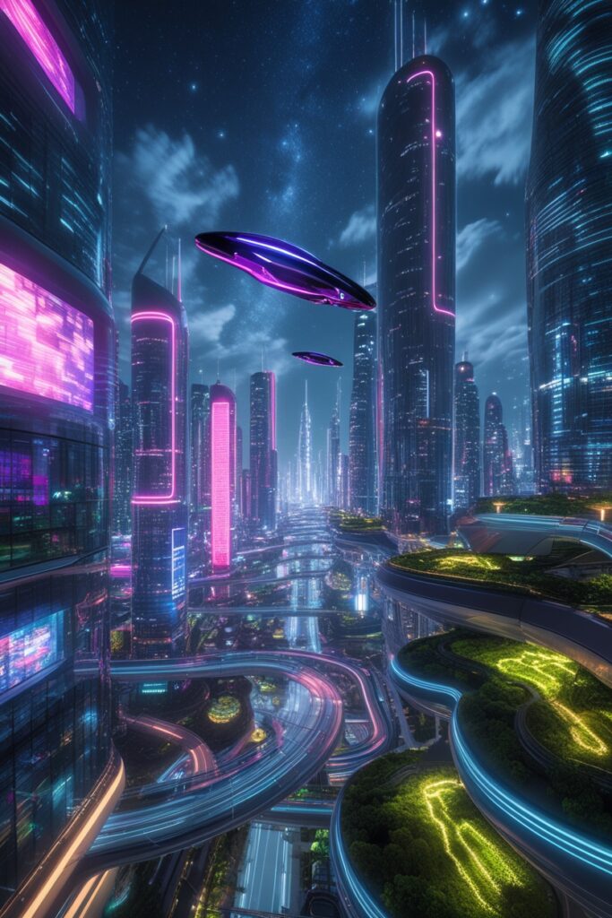Futuristic Cityscape with Flying Vehicles – free AI stock image