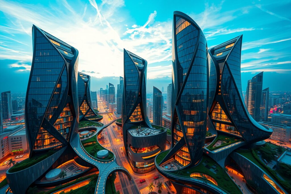 Futuristic Cityscape with Geometric Structures – free AI stock image