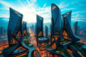 Futuristic Cityscape with Geometric Structures – free AI stock image
