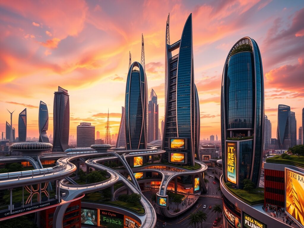 Futuristic Cityscape with Glass Towers – free AI stock image